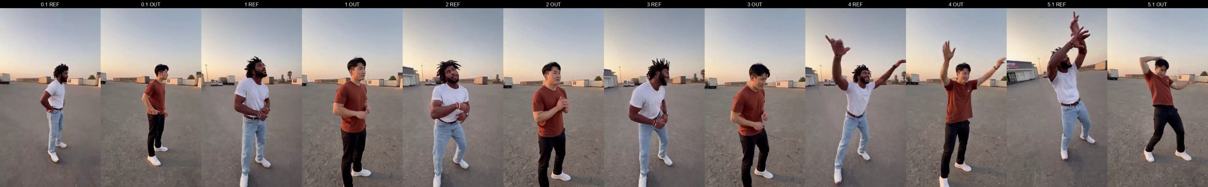 Template reference frames next to generated sunset-dance frames at matched timestamps.