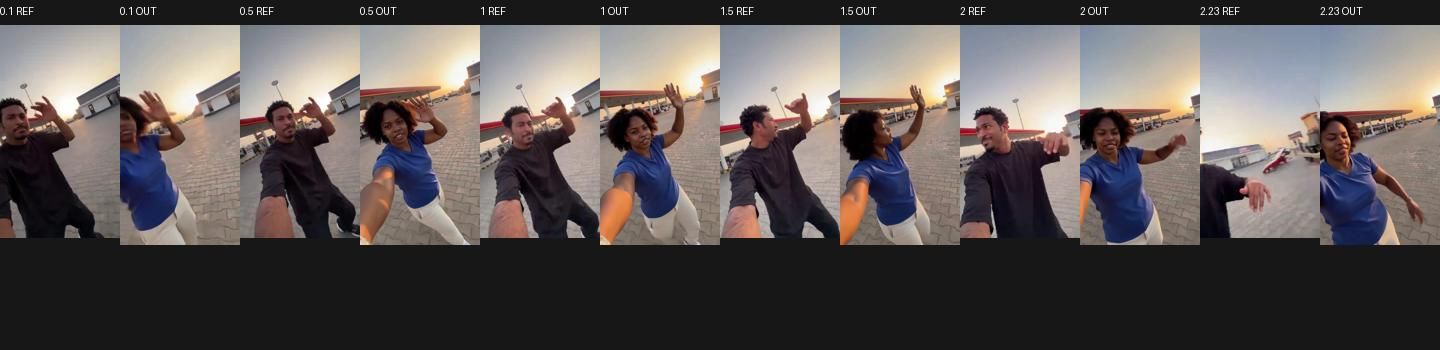 Template reference frames next to generated frames: the handheld walking selfie with a different person in front of the lens.