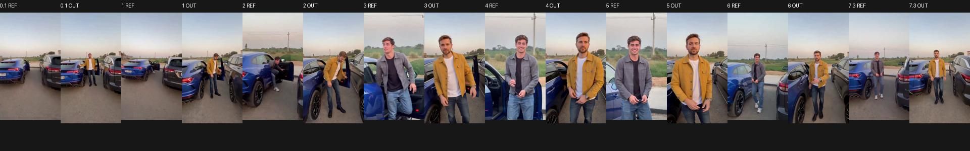 Template reference frames next to generated frames from the car-exit shot.